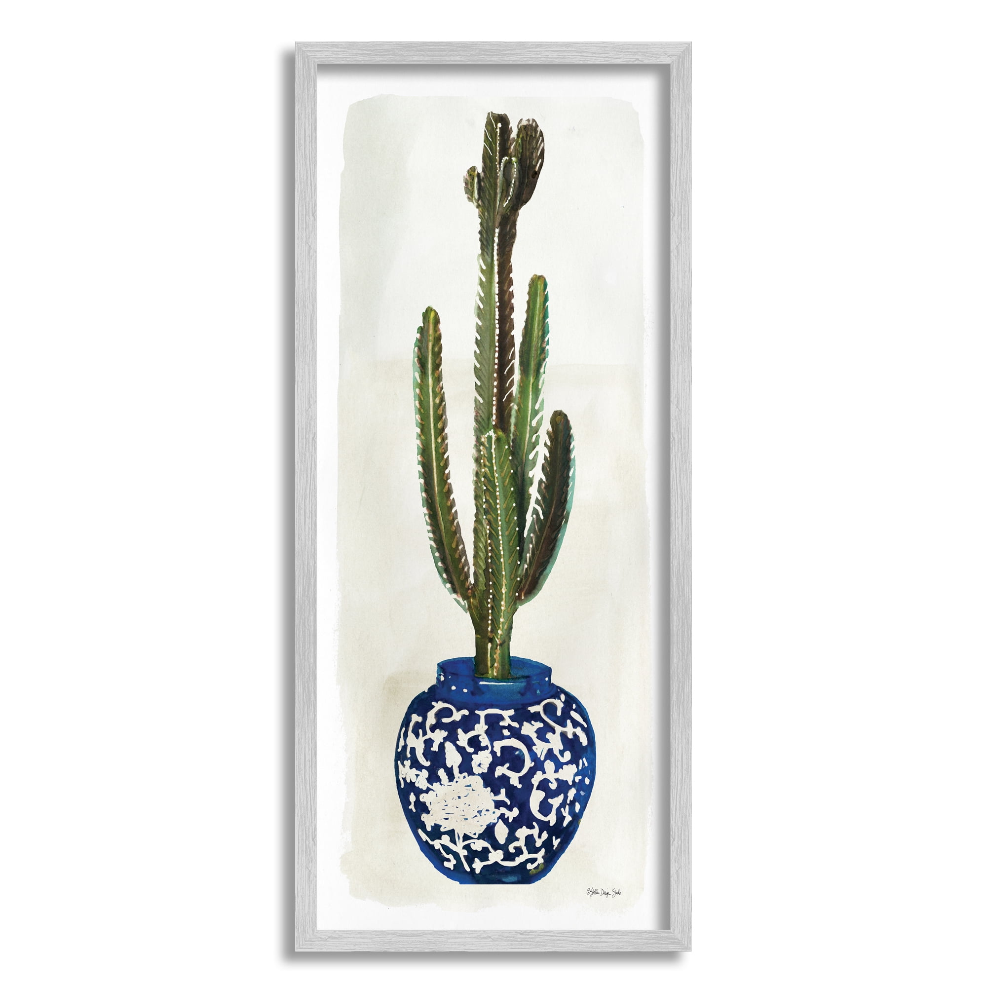 Cactus in Blue Ornate Vase Succulent Still Life 13 in x 30 in Framed Painting Art Prints, by Stupell Home Décor