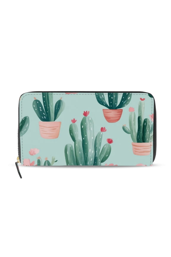 Cactus with Pinkish Flowers Watercolor Women's Long Zipper Wallet Bifold Clutch Purse PU Leather Card Cases