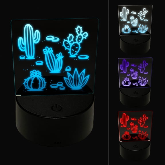 Cactuses Succulent and Stones LED Night Light Sign 3D Illusion Desk Nightstand Lamp