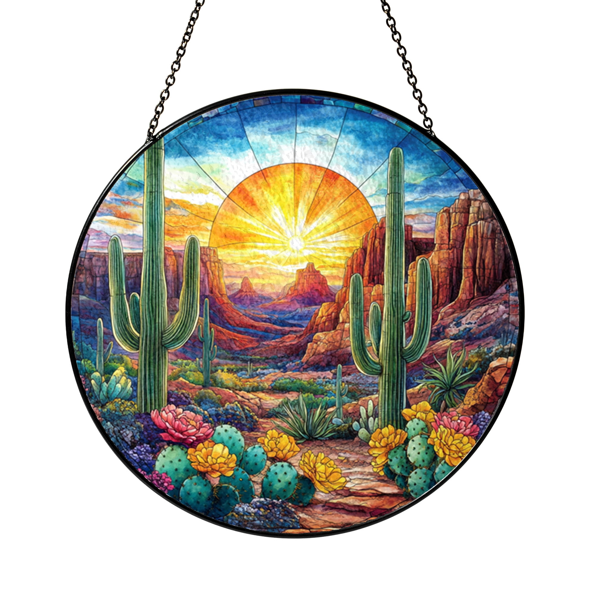 Cactuses in the Desert Faux Stained Glass Suncatcher Decor, Garden ...