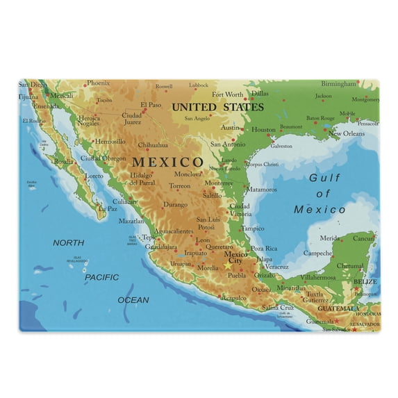 Cacun Cutting Board, Detailed Educational Map of Mexico with all Cities and Oceans Around, Decorative Tempered Glass Cutting and Serving Board, in 3 Sizes, by Ambesonne
