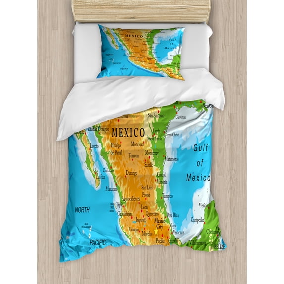 Cacun Duvet Cover Set, Detailed Map of Mexico with all Cities and Oceans Around, Decorative 2 Piece Bedding Set with 1 Pillow Shams, Twin Size, Deep Sky Blue Multicolor, by Ambesonne