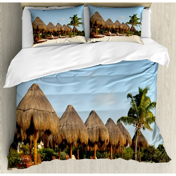 Cacun Duvet Cover Set, Summer Time Vacation Destination Playa Del Carmen Beach in Mexico, Decorative 3 Piece Bedding Set with 2 Pillow Shams, Queen Size, Pale Sky Blue Multicolor, by Ambesonne