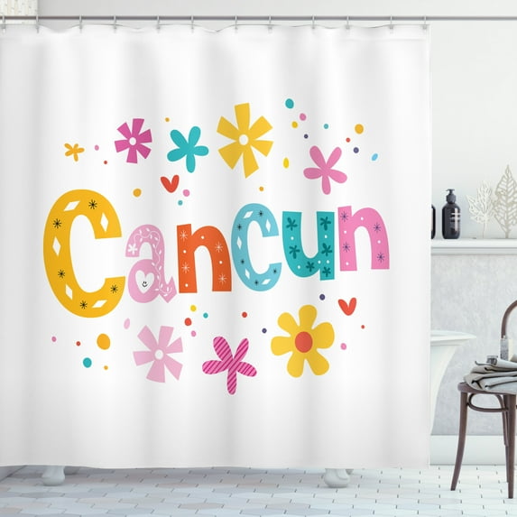 Cacun Shower Curtain, Spring Time Floral Colorful Calligraphy Ornamented with Hearts and Polka Dots, Fabric Bathroom Set with Hooks, 69W X 70L Inches, White Multicolor, by Ambesonne