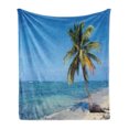 thumbnail image 1 of Cacun Soft Flannel Fleece Blanket, Image of a Single Palm Tree on the Beach Seaside Layout Holiday Destination, Cozy Plush for Indoor and Outdoor Use, 60" x 80", Sea Blue Multicolor, by Ambesonne, 1 of 5