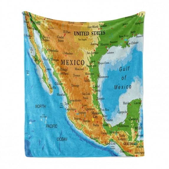 Cacun Soft Flannel Fleece Throw Blanket, Detailed Educational Map of Mexico with all Cities and Oceans Around, Cozy Plush for Indoor and Outdoor Use, 70" x 90", Deep Sky Blue Multicolor, by Ambesonne