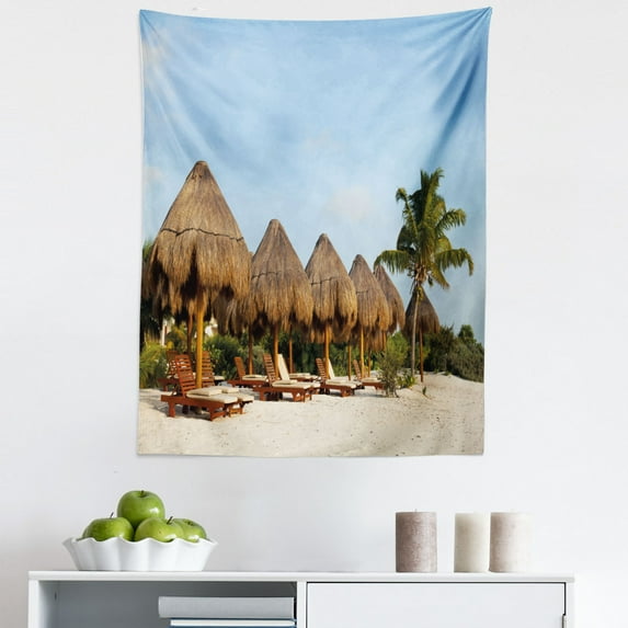 Cacun Tapestry, Summer Time Vacation Destination Playa Del Carmen Beach in Mexico, Fabric Wall Hanging Decor for Bedroom Living Room Dorm, 5 Sizes, Pale Sky Blue Multicolor, by Ambesonne