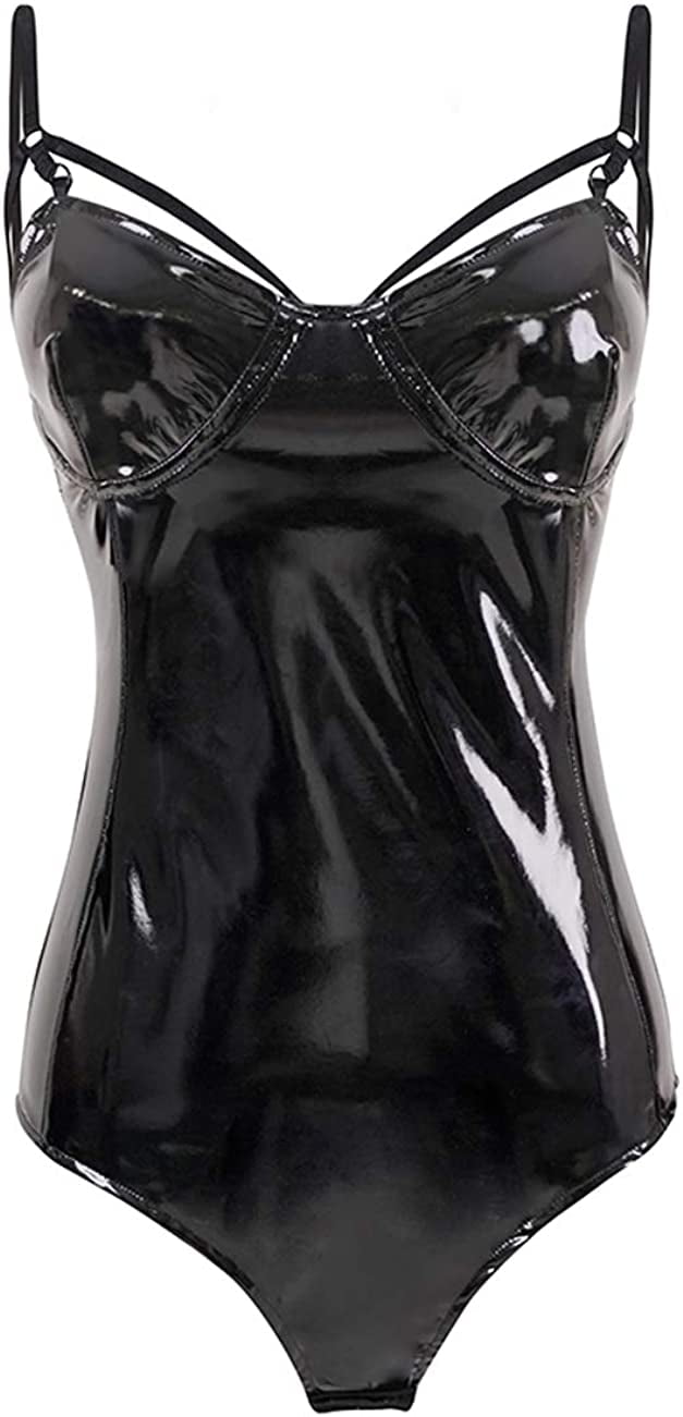 Cacycasa Women's One Piece Halter Jumpsuit Wet Look Leather Leotard