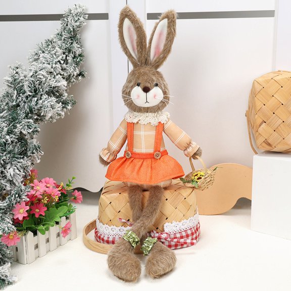 Cadancy 23-Inch Long Legged Easter Bunny Figurine, Handmade Orange Tutu Skirt Rabbit Doll with Flower Basket for Spring Home Decor