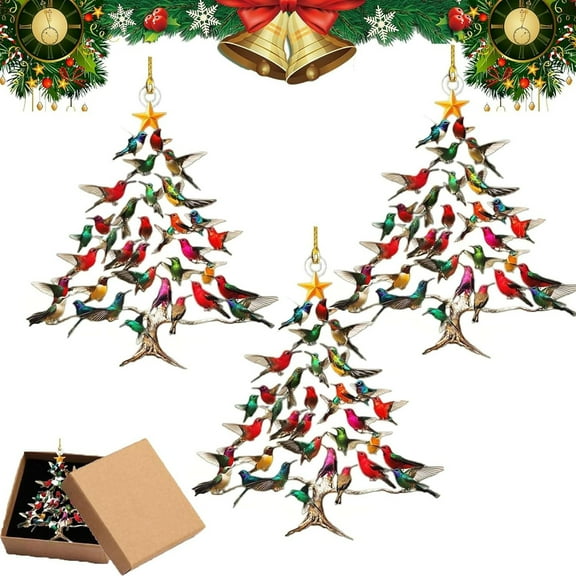 Cadancy 3 Pcs Hummingbird Christmas Ornament with Gift Box 2D Acrylic Colorful Stack Hummingbirds Tree Decor Winter Home Xmas Festival Decorations Hanging Pendant