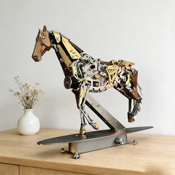 Cadancy 3D Metal Horse Sculpture Mechanical Art Figurine Steampunk Style Desk Decor Handcrafted Iron Craft Home Office Shelf Decoration Collectible Gift