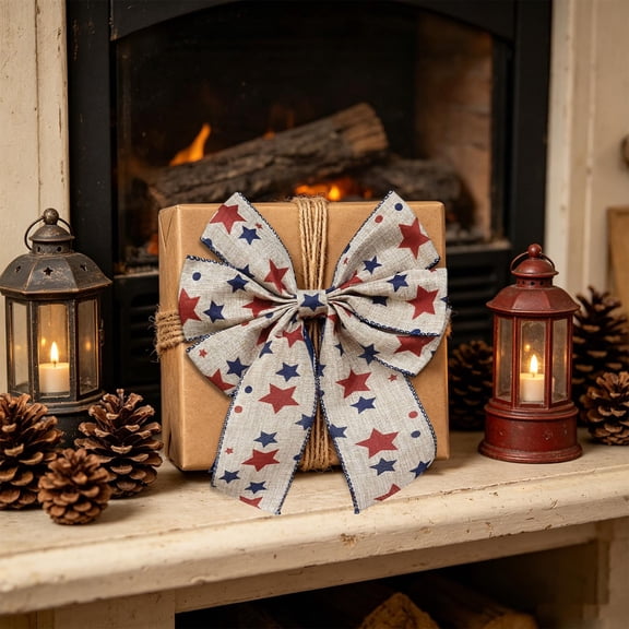 Cadancy 4 Pack Patriotic Burlap Bow for Wreath Decor Independence Day Gift Wrap Accessory Rustic Farmhouse Ribbon Decoration Holiday Mantle Tree Ornament Front Door Hanging