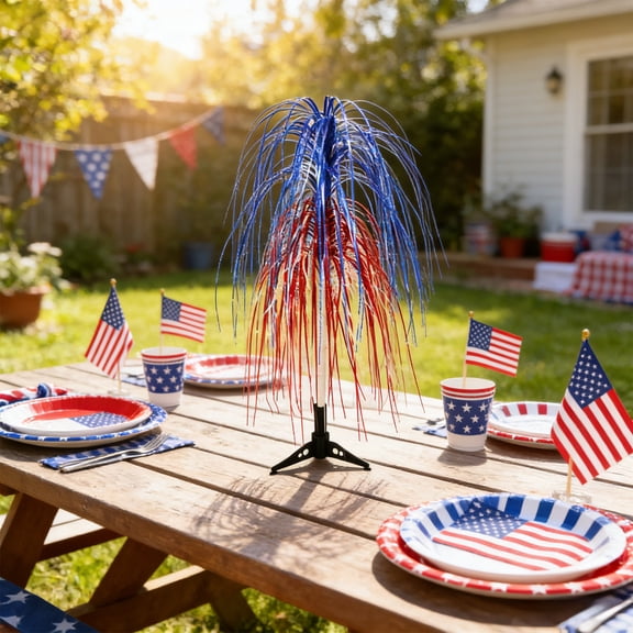 Cadancy 4th of July Decor Patriotic Firework Tree 25 Inch , Tinsel Spray Centerpiece with Stand Base, Red White Blue Streamer Burst Decoration, Home Desk Holiday Celebration Party Supplies