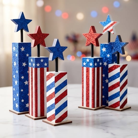 Cadancy 4th of July Decor Patriotic Tabletop Firework Star Column Display Set of 3 Independence Day Centerpieces for Home Office Desk Mantle Celebration Holiday Decoration