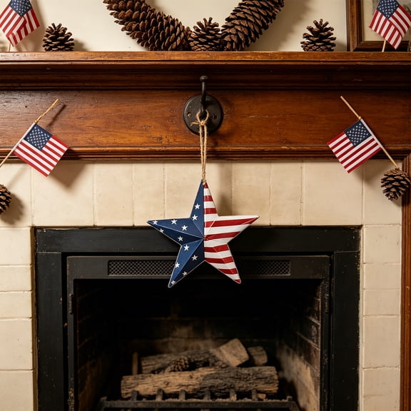 Cadancy 4th of July Decorations Metal Star Wall Decor with Hanging Rope, Rustic Farmhouse Living Room Bedroom Home Ceiling Ornament Holiday Party Decoration, Vintage Iron Art Pendant