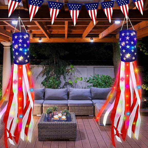 Cadancy 4th of July Decorations Outdoor Patriotic Windsock Hanging Porch Yard Lawn Garden Independence Day Memorial Day Ornaments Weather Resistant Fabric Streamers Home Party Supplies