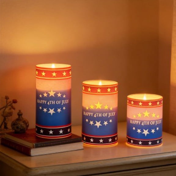 Cadancy 4th of July Flameless Candles with Remote Control Set of 3 Battery Operated LED Pillar Candles Flickering Electric Candle Lights Patriotic Decor for Independence Day Home Decoration