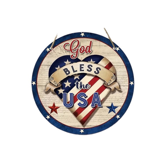 Cadancy 4th of July Patriotic Wall Decor Round Wooden Hanging Sign Heart Plaque Home Art Decoration American Festival Living Room Bedroom Porch Entryway Indoor Outdoor Holiday Ornament