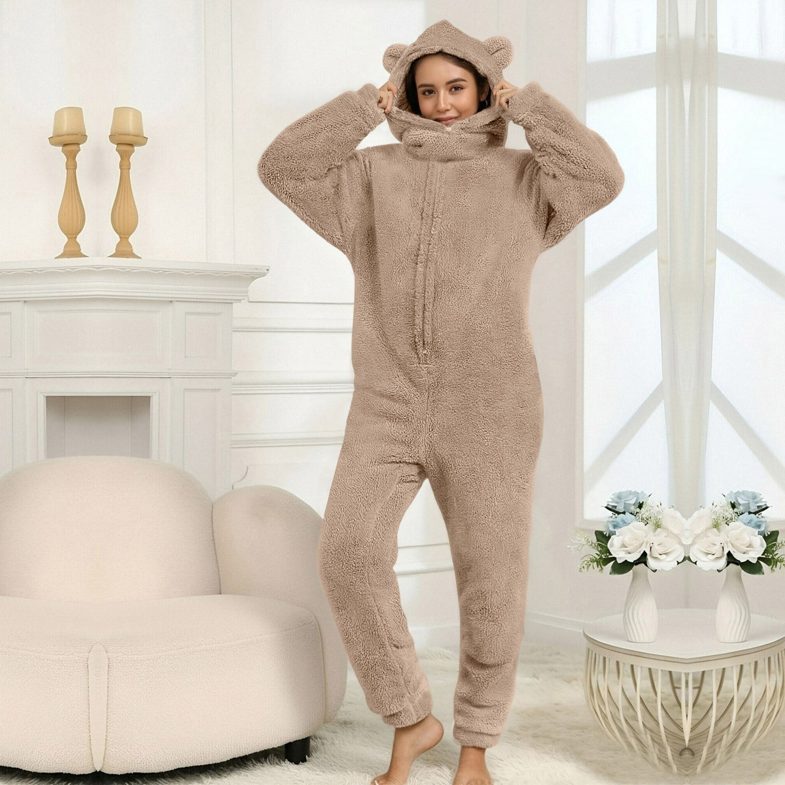 Cadancy Adult Onesies Pajamas for Women Zip Up Long Sleeve Loose Fleece Jumpsuit Cute Bear Hooded Fuzzy Sherpa Winter Warm Rompers with Pockets