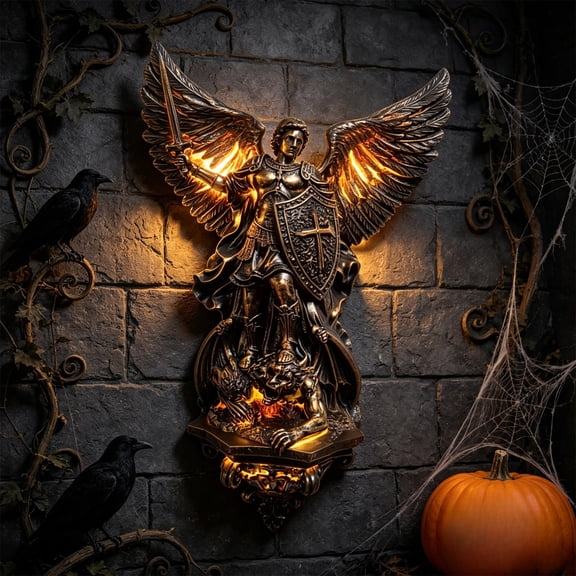 Cadancy Angel Wall Sconce Light Saint Michael Statue Sculpture with LED Illuminated Wing for Indoor Outdoor Porch Patio Entryway Fence Garden Vintage Home Decor