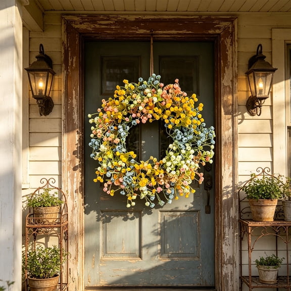 Cadancy Artificial Babys Breath Floral Wreath for Front Door Home Decor, Spring Summer Colorful Gypsophila Hanging Garland Outdoor Porch Wall Farmhouse Rustic Decoration Housewarming Gift