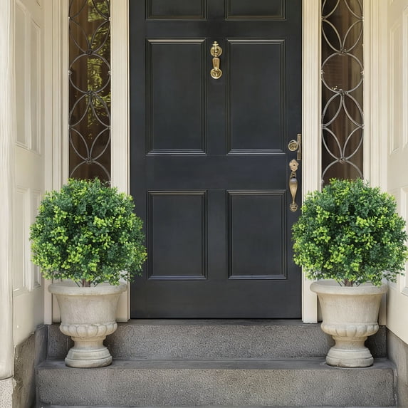 Cadancy Artificial Boxwood Tree Topiary Ball Planter Fake Outdoor Bush Potted Greenery Faux Shrub Uv Resistant Front Door Porch Plants Home Garden Yard Patio Farmhouse Decor