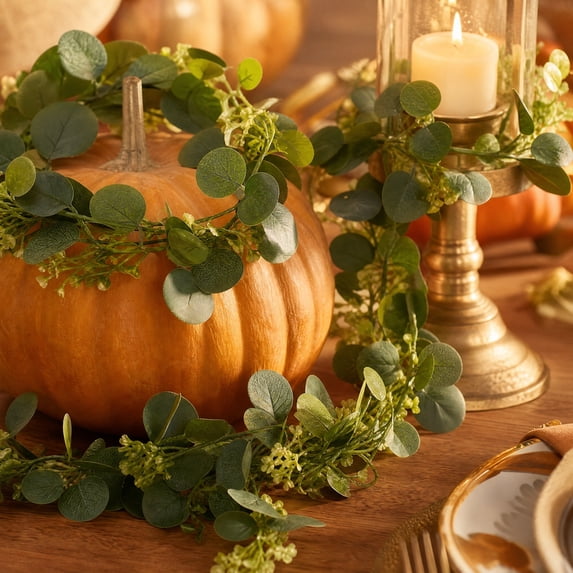 Cadancy Artificial Eucalyptus Garland 6FT Fall Harvest Mantle Greenery with Green Buds for Thanksgiving Christmas Fireplace Table Runner Centerpiece Home Wall Door Hanging Decor