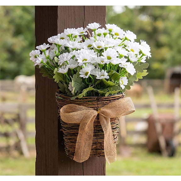 Cadancy Artificial Flower Daisy Basket with Woven Pot Silk Floral Arrangement for Home Decor Indoor Outdoor Window Sill Kitchen Table Centerpiece Decoration Gift