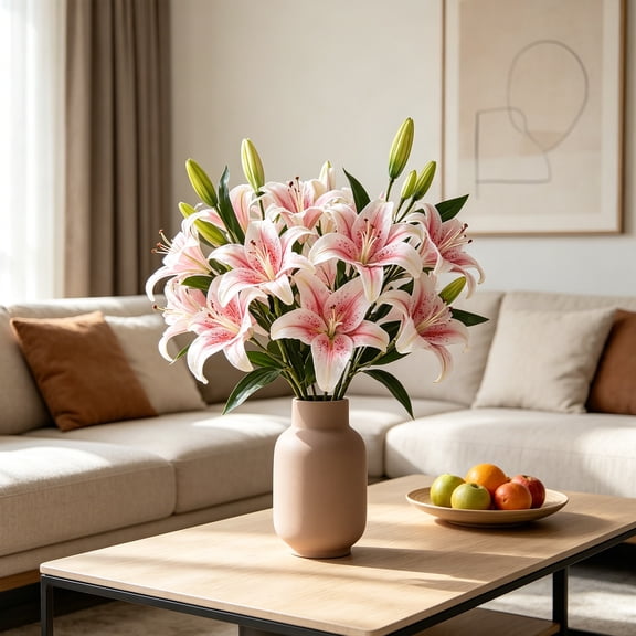 Cadancy Artificial Flowers Fake Lily Bouquet in Vase Real Touch Silk Floral Arrangement for Home Indoor Decor Wedding Centerpieces Table Decoration Faux Plants Ornaments