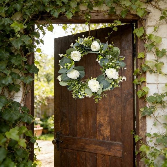 Cadancy Artificial Flowers Wreath Front Door Spring Floral Garland Rose Greenery Farmhouse Wall Window Wedding Festival Home Decor(White)