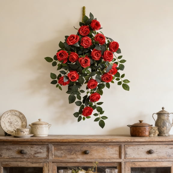 Cadancy Artificial Hanging Rose Vine Garland Silk Flower Arrangement Fake Floral Swag with Eucalyptus Leaves for Wedding Arch Wall Door Decor Home Indoor Outdoor Greenery Decoration