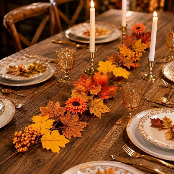 Cadancy Artificial Maple Leaf Pumpkin Vine Garland for Mantle Autumn Hanging Decoration Fireplace Door Frame Staircase Railing Table Runner Thanksgiving Halloween Harvest Party Home Ornament