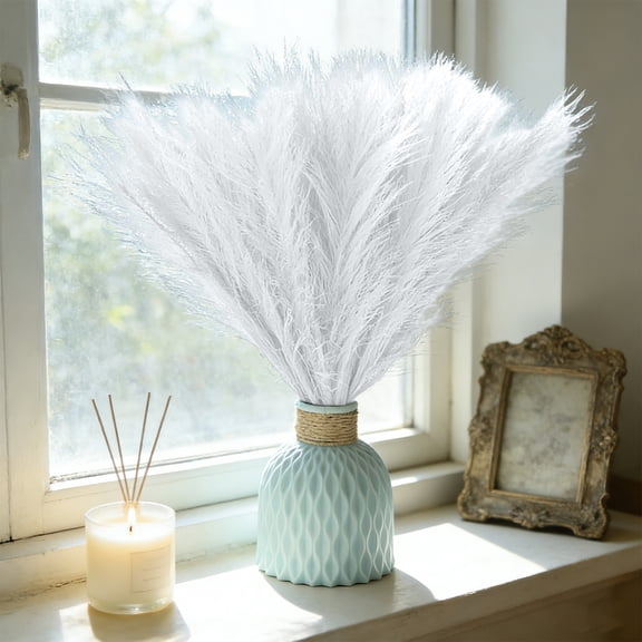 Cadancy Artificial Pampas Grass Fluffy Faux Reed Plumes Feather Stems for Home Decor Wedding Bouquet Boho Vase Arrangement Centerpiece Bedroom Living Room Office Table Shelf Farmhouse Decor