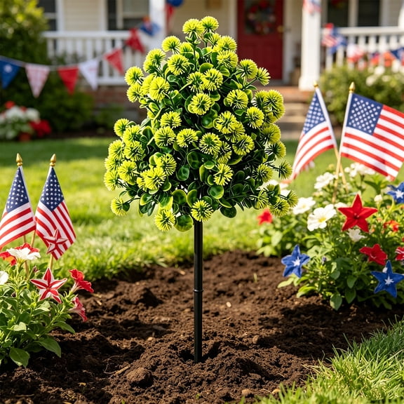 Cadancy Artificial Topiary Ball Outdoor Fake Plants Garden Stakes Decorative Flowers Faux Dandelions Grass Sphere Porch Planter Filler Yard Lawn Pathway Ornament Decor