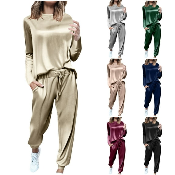 Cadancy Athletic Sets for Women 2 Piece Long Sleeve Velvet Pullover Tops Drawstring Waist Joggers Pants with Pockets Casual Loose Trendy Tracksuit 2025 Sweatsuit Outfits
