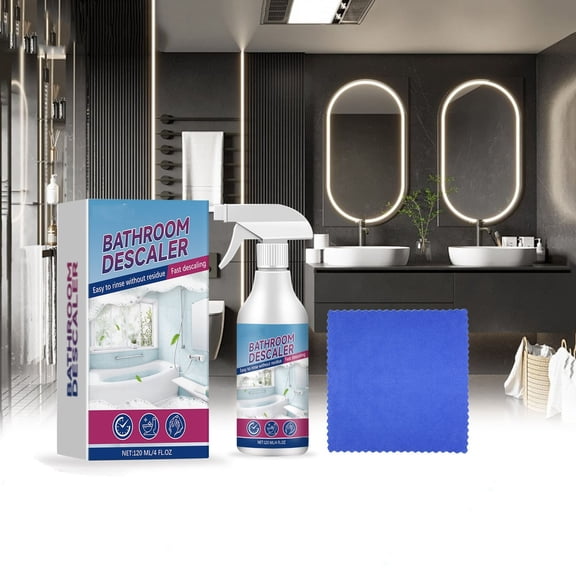 Cadancy Bathroom Descaler Spray Kit 120ml Bottle and Microfiber Cloth, Fast Acting Formula for Shower Glass Tile, Easy Rinse No Residue Cleaner