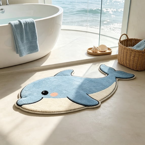 Cadancy Bathroom Rugs Whale Shaped Bath Mat Non Slip Absorbent Microfiber Plush Floor Carpet Kids Room Nursery Kitchen Entrance Doormat Soft Washable Cute Animal Home Decor