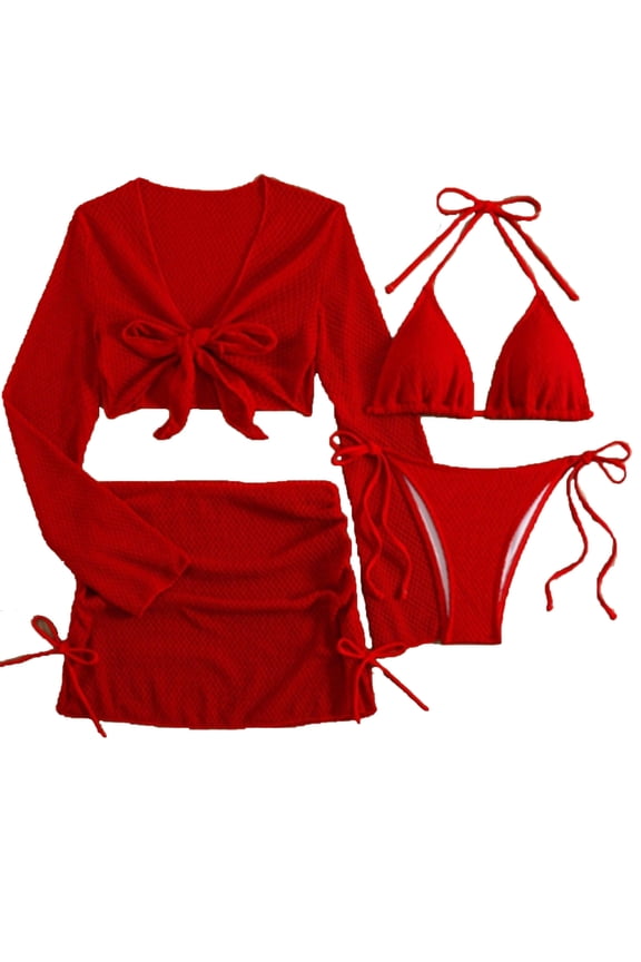 Bikini Sets for Women 4 Piece Swimsuits with Mesh Cover Up Long Sleeve Top and Drawstring Skirt Textured Triangle Tie Side Bottom Bathing Suits Beach Wear