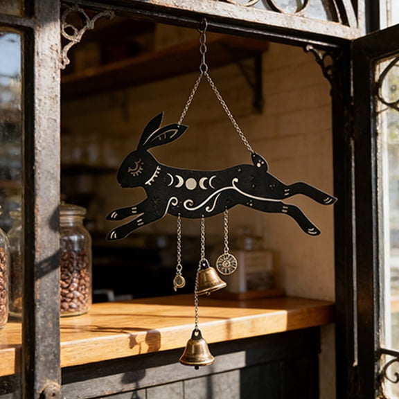 Cadancy Black Rabbit Wind Chime Wall Hanging Wooden Bunny Decor Celestial Moon Star Pattern Boho Farmhouse Garden Porch Patio Outdoor Indoor Rustic Home Decoration Gift