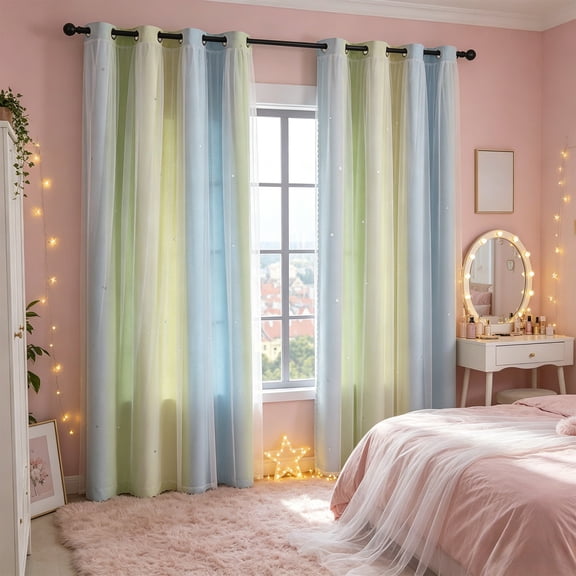 Cadancy Blackout Curtains Gradient Striped Double Layer Window Drapes 2 Panels with Sheer Overlay Grommet Top Thermal Insulated Bedroom Living Room Decor