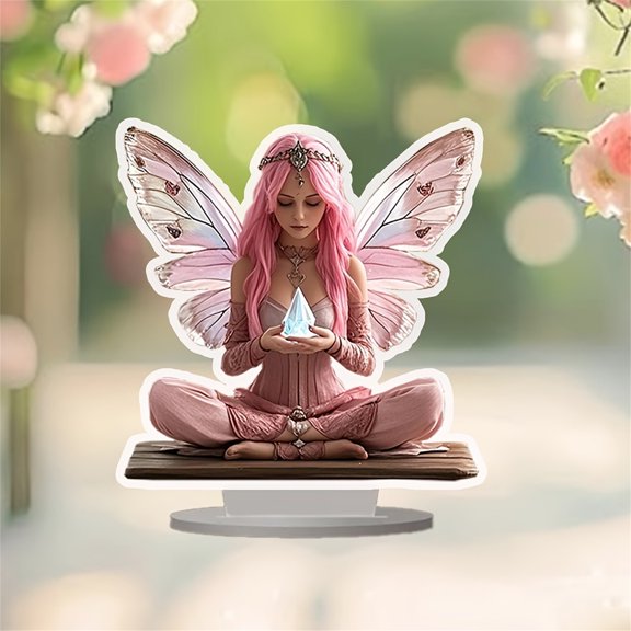 Cadancy Boho Fairy Tabletop Decoration with Crystal Home Decor, 2D Flat Acrylic Spiritual Angel Figurine for Meditation Space, Mystical Room Decor Gift for Women Girls Bedroom Office