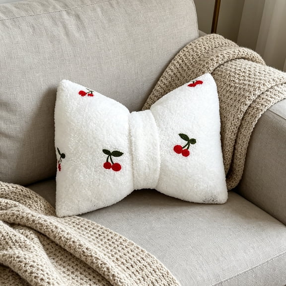 Cadancy Bow Tie Shaped Throw Pillow with Strawberry Embroidery Fuzzy Plush Cushion Decorative Couch Accent Pillow Cute Fruit Pattern Bed Sofa Home Decor Gift