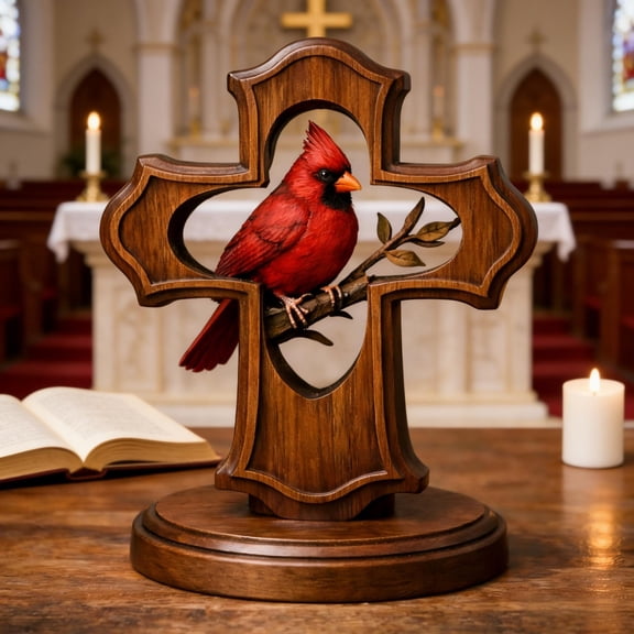 Cadancy Cardinal Bird Cross Figurine, Wooden Religious Tabletop Decoration, Memorial Sympathy Gift Christian Home Altar Decor with Red Bird Accent