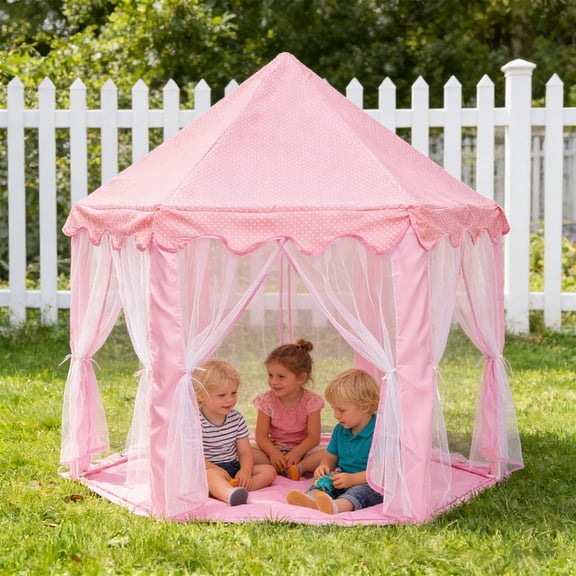 Cadancy Castle Play Tent Indoor Outdoor Canopy for 3-4 Person, Hexagon Mesh Gauze House with Curtains, Portable Playhouse Backyard Camping Sleepover