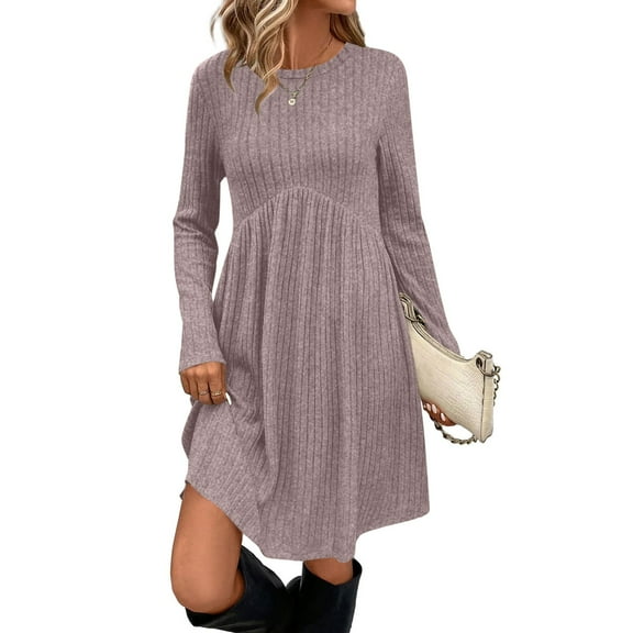 Cadancy Casual Dresses for Women Long Sleeve Crewneck A Line Knitted Sweater Mini Dress with Pockets Loose Pleated Flowy Cozy Trendy Fall Winter Outfits
