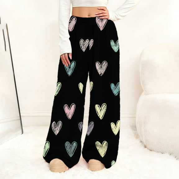 Cadancy Casual Pants for Women Cute Heart Graphic Valentines Wide Leg Fleece Sweatpants High Waisted Baggy Comfy Warm Trousers with Pockets