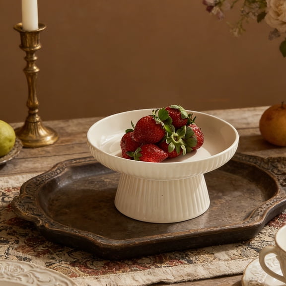 Cadancy Ceramic Cake Stand Pedestal Dessert Display Plate Ribbed Serving Tray Fruit Cookie Candy Appetizer Holder Wedding Party Buffet Table Centerpiece Decorative Kitchen Organizer