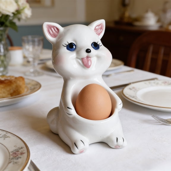 Cadancy Ceramic Egg Cup Holder Cute Cat Design Egg Stand Kitchen Tableware Breakfast Egg Holder for Soft Boiled Eggs Fun Animal Shape Egg Cups Home Kitchen Dining Decor Gift