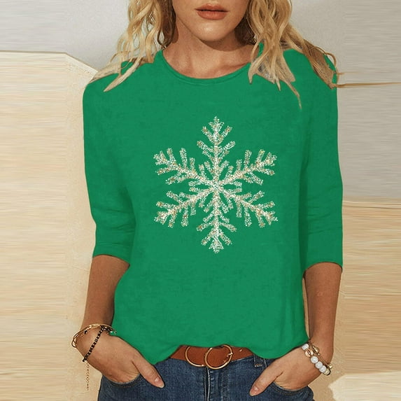 Cadancy Christmas 3/4 Sleeve Blouses for Women Plus Size Casual Winter Snowflake Print Tshirts Funny Party Xmas Dressy Shirts Vintage Crew Neck Holiday Tops