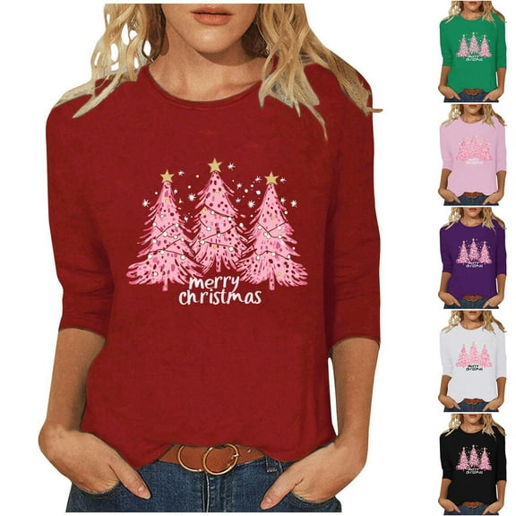 Cadancy Christmas 3/4 Sleeve T Shirts for Women Party Dressy Crewneck Tops Casual Funny Xmas Tree Print Plus Size Blouses Holiday Winter Vintage Shirt